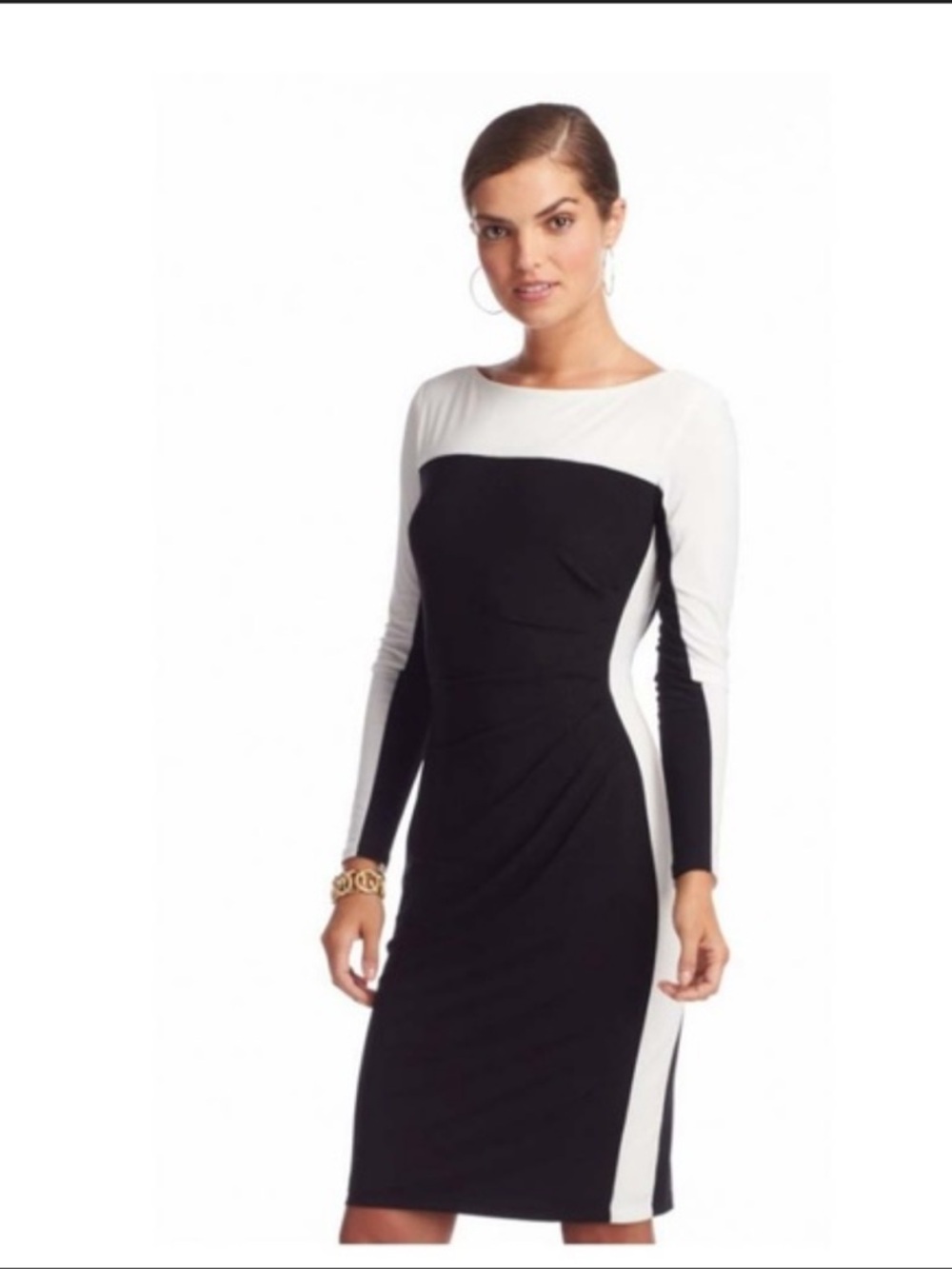 Lauren Ralph Lauren Black & White Long-Sleeve Sheath Dress Size 4 EUC ruched